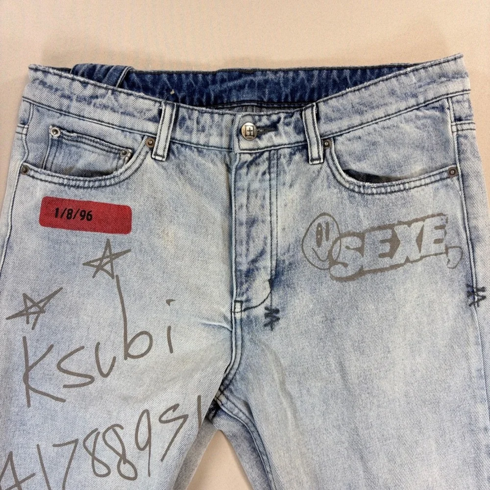 Ksubi Chitch Jeans Mens 33 Light Wash Distressed Graphic Streetwear Denim Pants